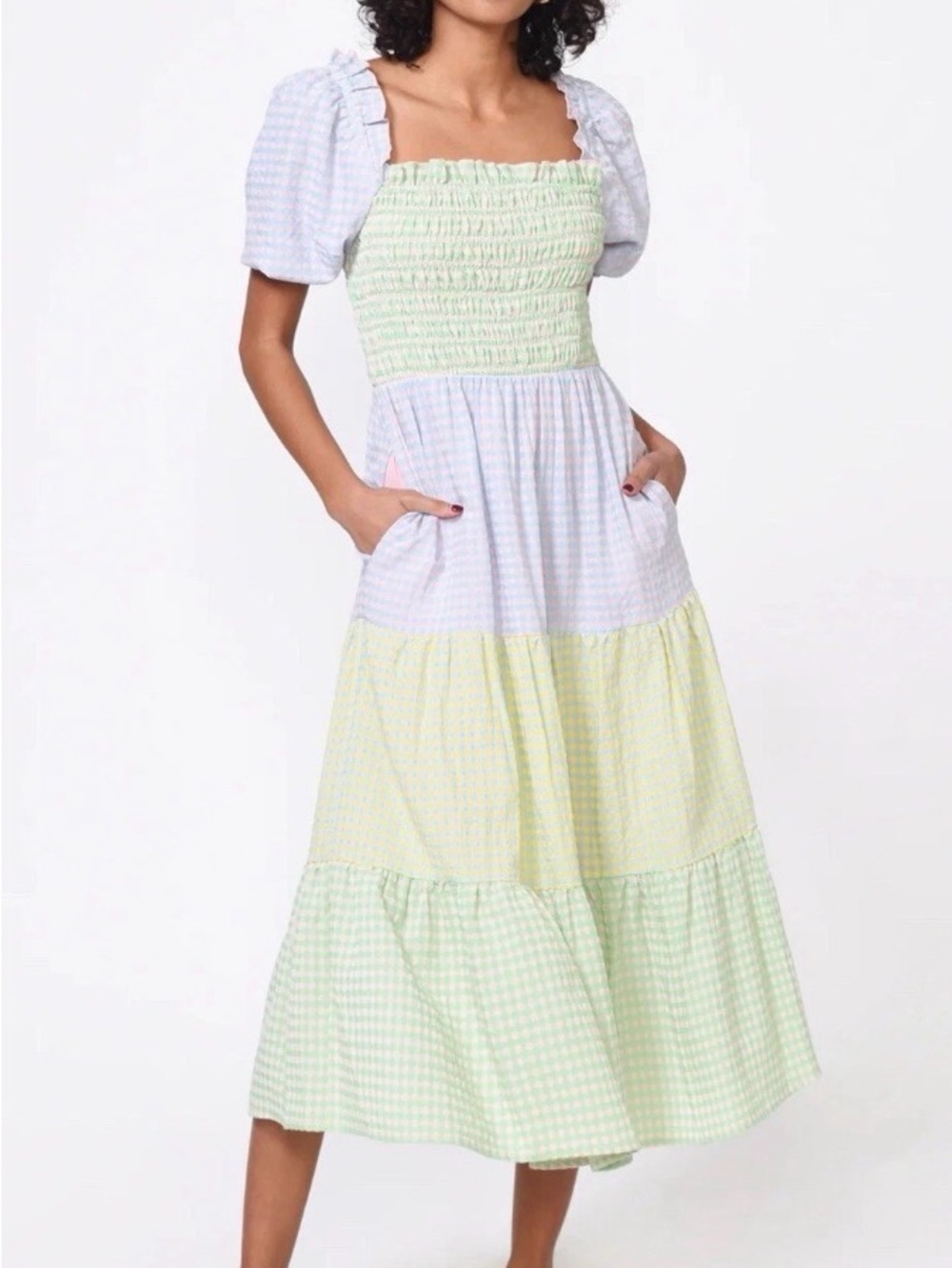 Greylin Nola Smocked Gingham Plaid Colorblock Tiered Midi Dress Sz M Pastel